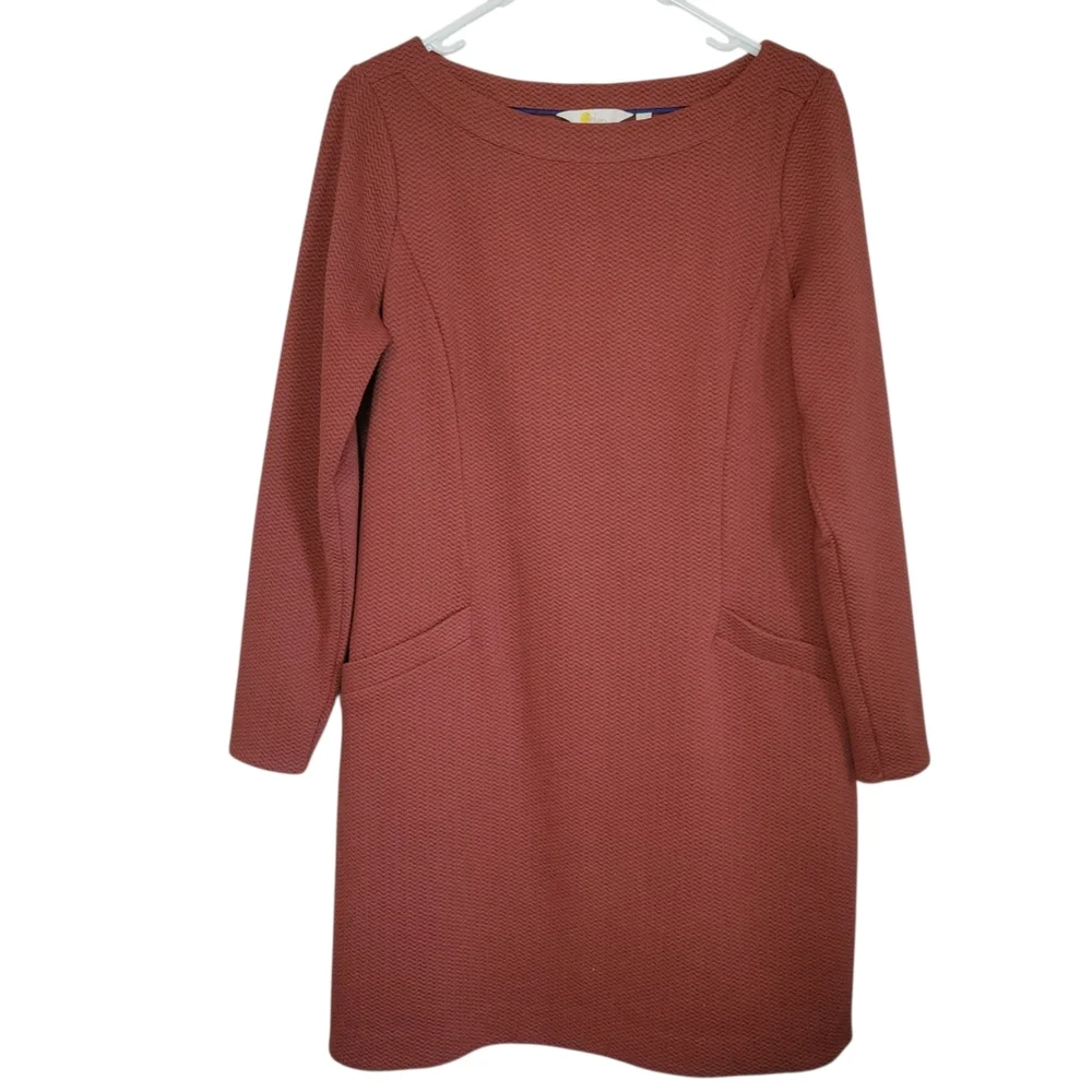 Boden Ingrid Jacquard Knit Shift Dress 8P Rust Long Sleeve Pocket Petite - Picture 2 of 11